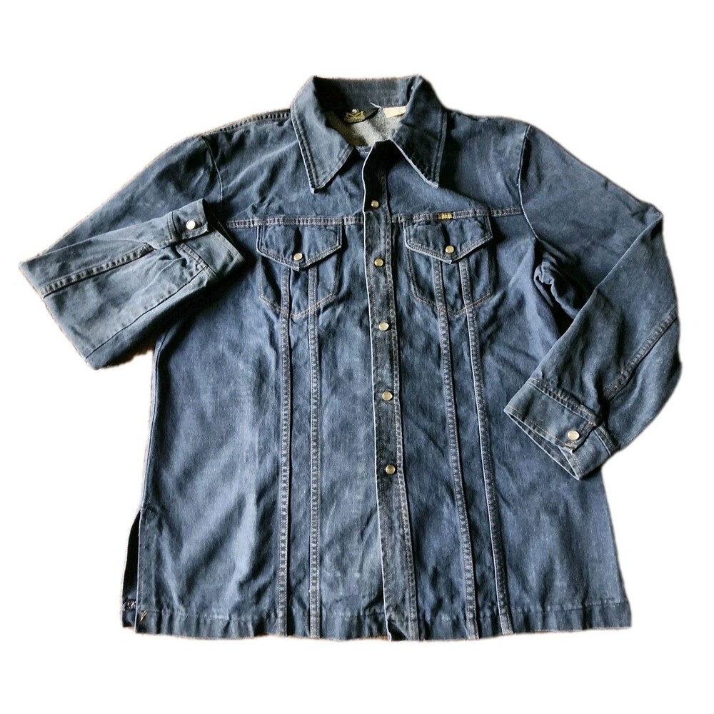70's Maverick Mens XL Denim Pearl Snap Work Shirt Jacket Made USA VTG Rancher